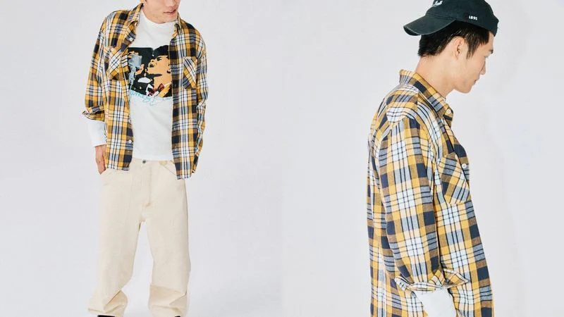 A model wearing a Filson flannel shirt photographed at GQ HQ.