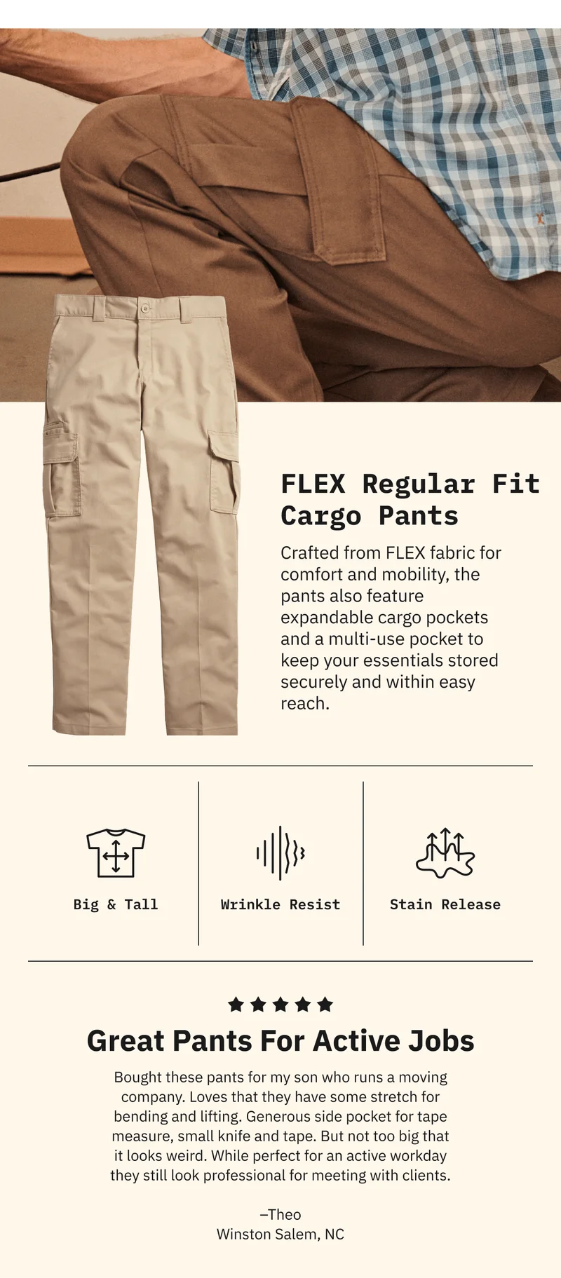FLEX Regular Fit Cargo Pants: Crafted from FLEX fabric for comfort and mobility, the pants also feature expandable cargo pockets and a multi-use pocket to keep your essentials stored securely and within easy reach.