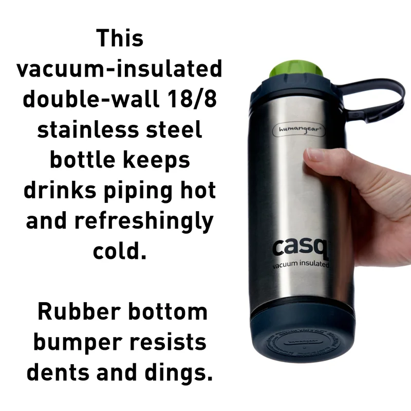 This vacuum-insulated double-wall 18/8 stainless steel bottle keeps drinking piping hot and refreshingly cold. Rubber bottom bumper resists dents and dings.