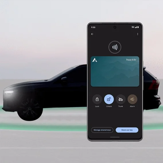 a picture of an automobile with a smartphone superimposed and a remote lock interface