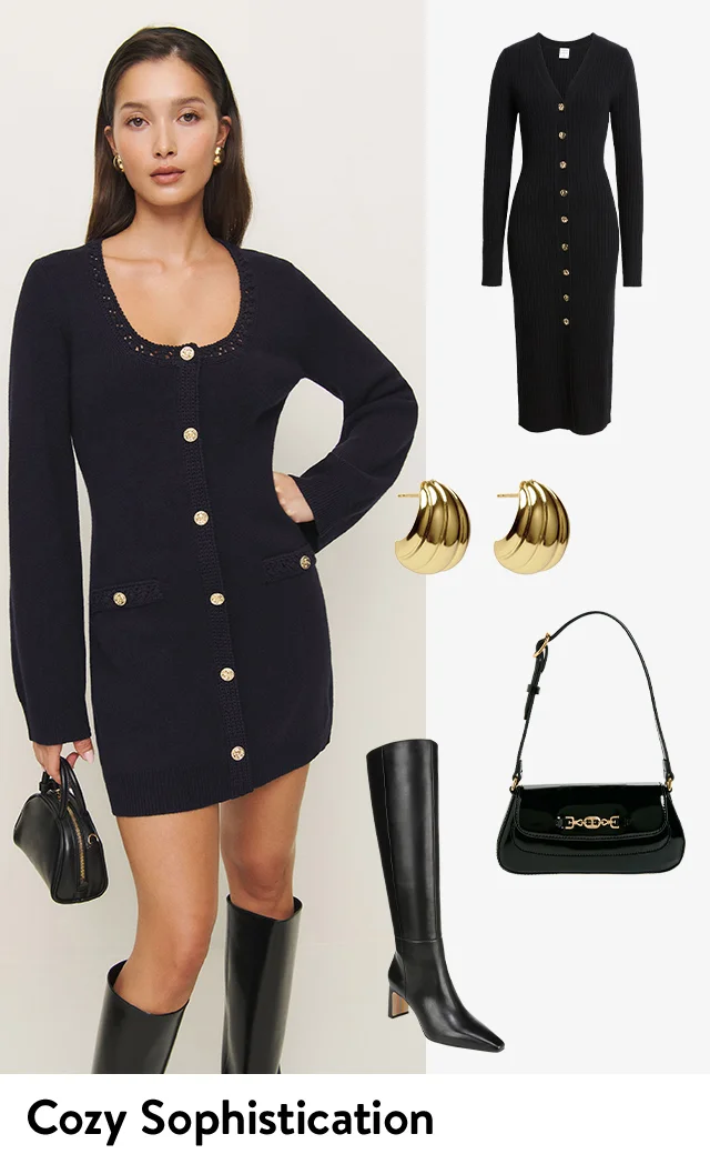 A woman wearing a button-front sweater dress. Styles to recreate the look including a tall black boot, black shoulder bag and gold earrings.