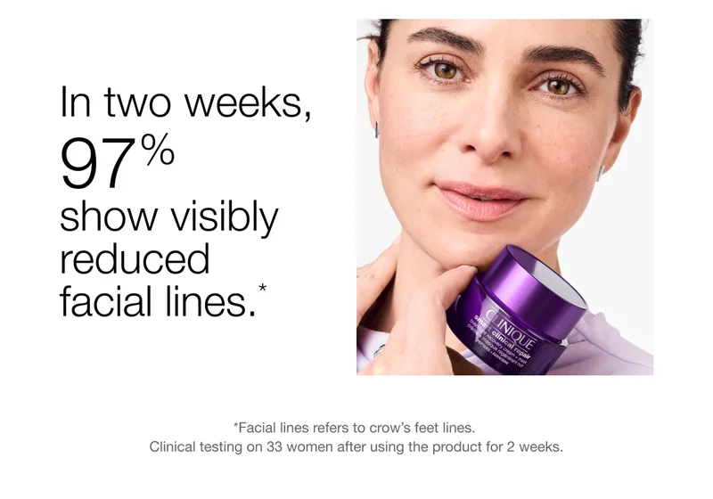 In two weeks, 97% show visibly reduced facial lines.* | *Facial lines refers to crow's feet lines. Clinical testing on 33 women after using the product for 2 weeks.