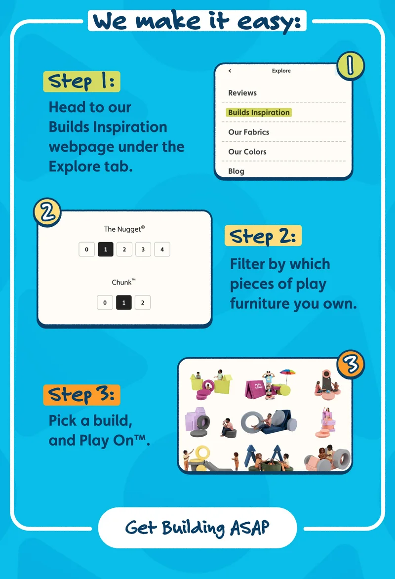 We make it easy: Step 1: Head to our Builds Inspiration webpage under the Explore tab. Step 2: Filter by which pieces of play furniture you own. Step 3: Pick a build, and Play On™. Get Building ASAP.