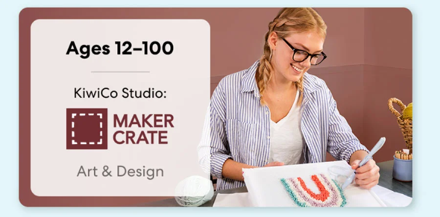 Smiling teen holding a colorful KiwiCo art and design project. Inspires creativity for ages 9–18+