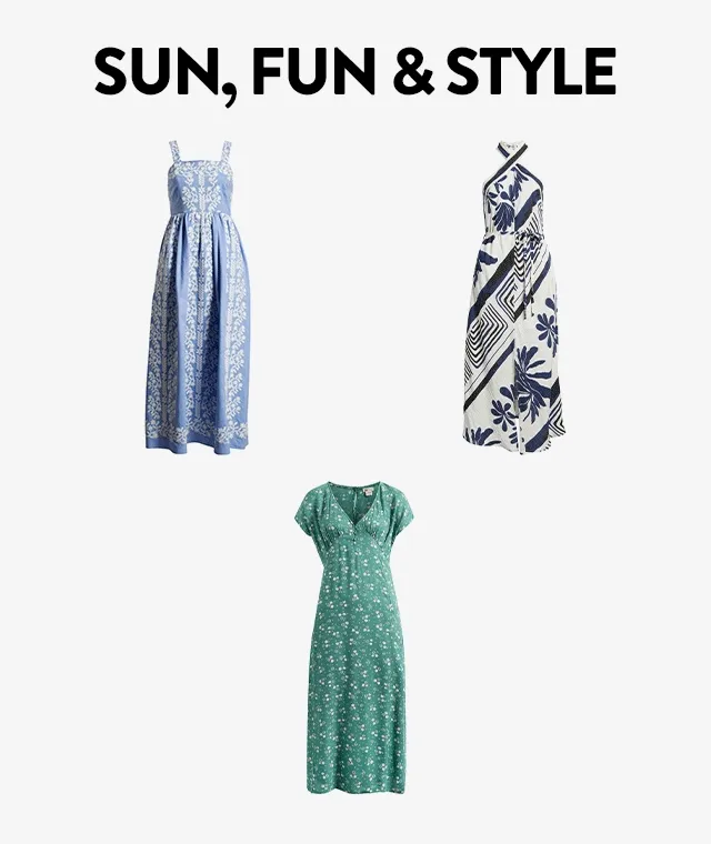 An assortment of warm-weather dresses.