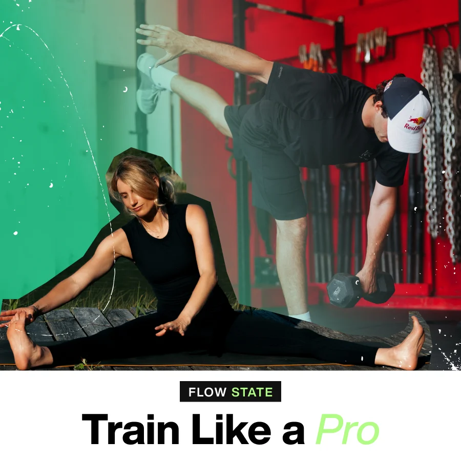 Burton Rider, Anna Gasser stretching and Luke Winkelmann in the gym with the text Flow State Train Like a Pro