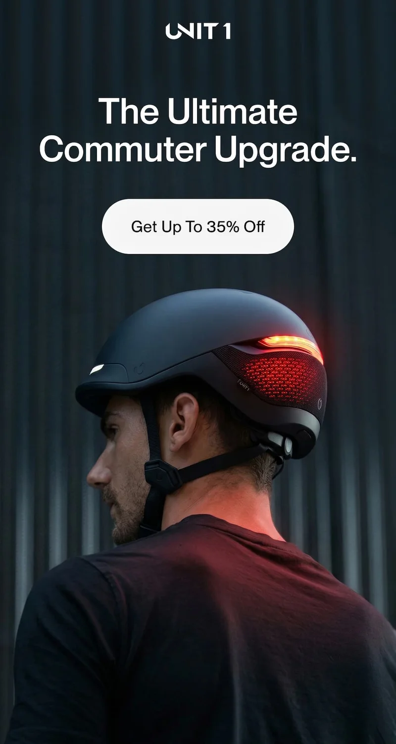 FARO Smart Helmet campaign hero with commuter wearing helmet and rear light on.