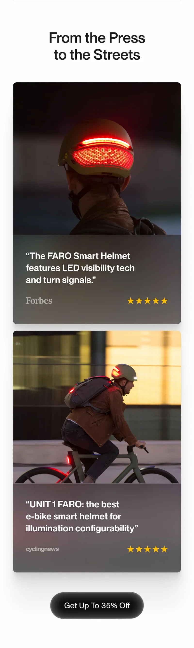 Press quotes featuring FARO Smart Helmet reviews from Forbes and Cyclingnews.