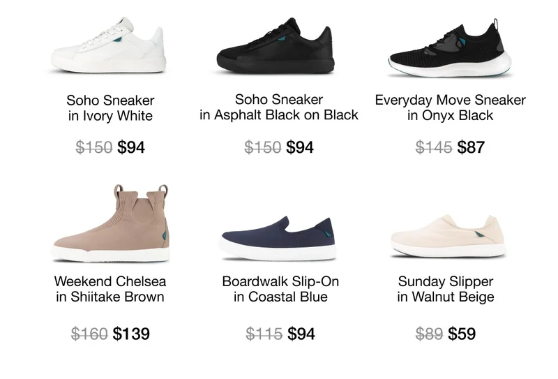 Soho Sneaker in Ivory White. Soho Sneaker in Asphalt Black on Black. Everyday Move Sneaker in Onyx Black. Weekend Chelsea in Shiitake Brown. Boardwalk Slip-On in Coastal Blue. Sunday Slipper in Walnut Beige.