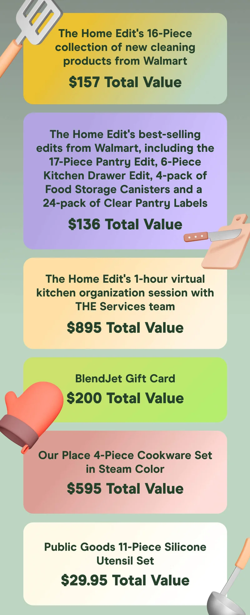 The Home Edit's 16-Piece collection of new cleaning products from Walmart ($157 Total Value) The Home Edit's best-selling edits from Walmart, including the 17-Piece Pantry Edit, 6-Piece Kitchen Drawer Edit, 4-pack of Food Storage Canisters and a 24-pack of Clear Pantry Labels ($136 Total Value) The Home Edit's 1-hour virtual kitchen organization session with THE Services team ($895 Total Value) BlendJet Gift Card ($200 Total Value) Our Place 4-Piece Cookware Set in Steam Color ($595 Total Value) Public Goods 11-Piece Silicone Utensil Set ($29.95 Total Value)