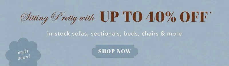 sitting pretty with up to 40% off, in stock sofas, sectionals, beds, chairs and more, shop now, ends soon