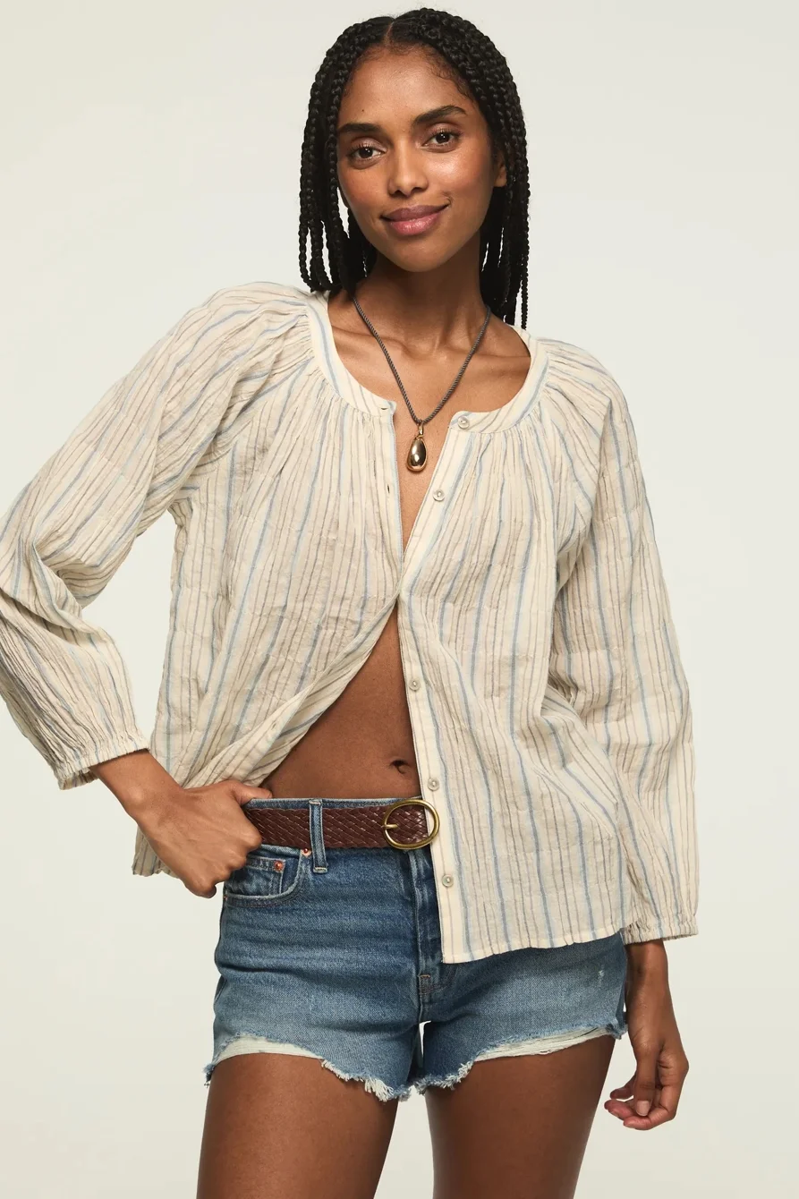 Image of Lucky Brand Long Sleeve Button Blouse - Women's Clothing Blouses Tops Dress Shirts in Cream Floral