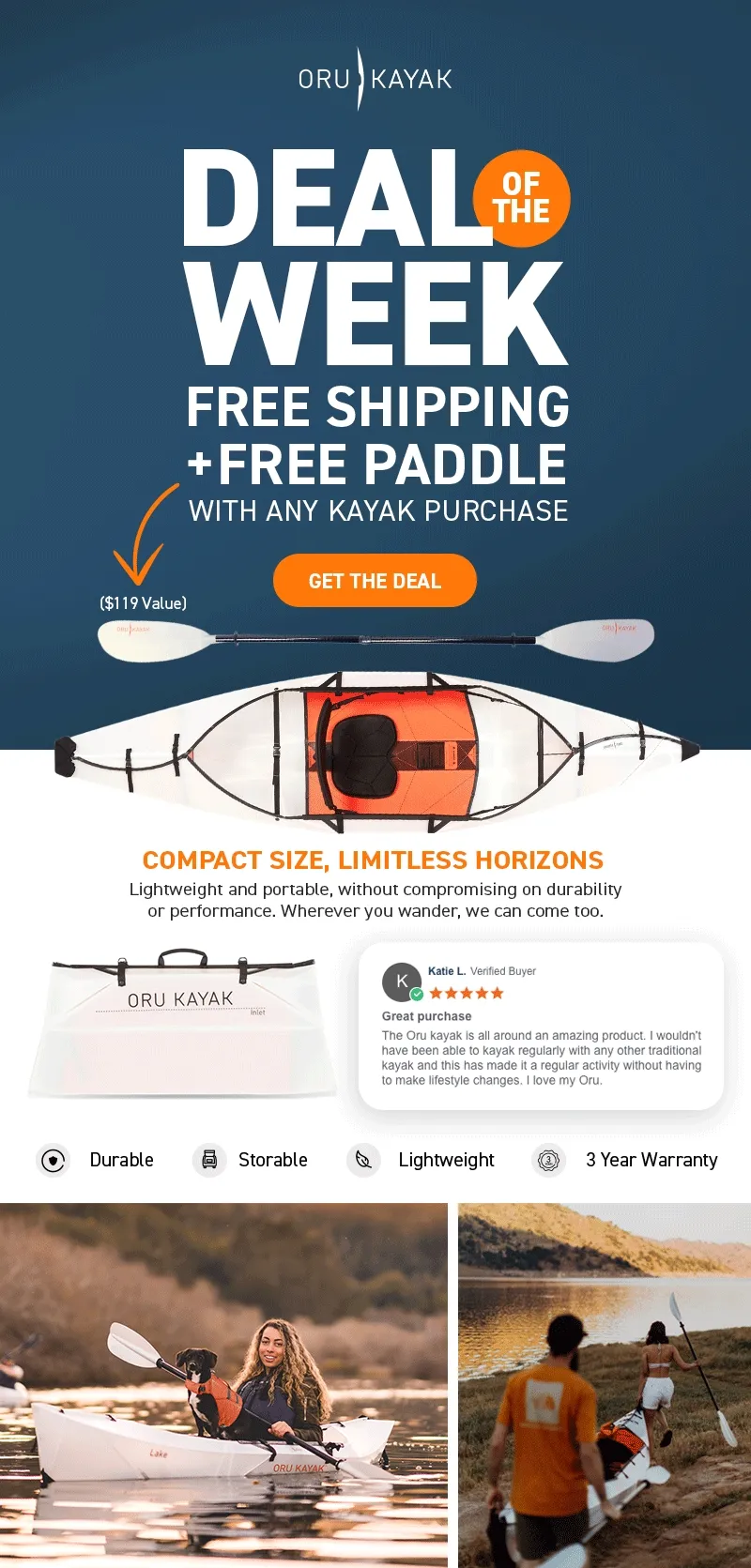 New Deal of the Week! Get Free Shipping + a Free Paddle with any kayak purchase