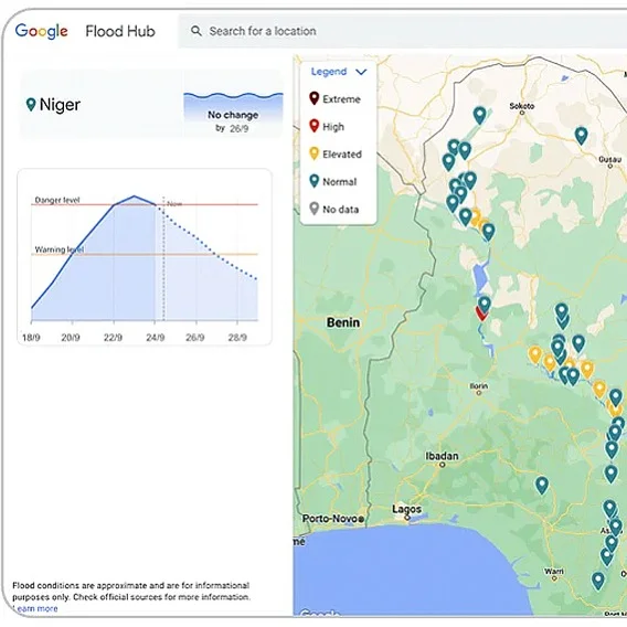 A Flood Hub map with a rainfall chart