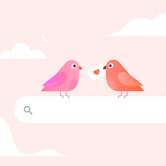 an illustration of two birds standing on a search bar sharing a note