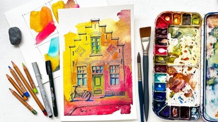 Expressive Urban Sketching Technique with Watercolor & Colored Pencils