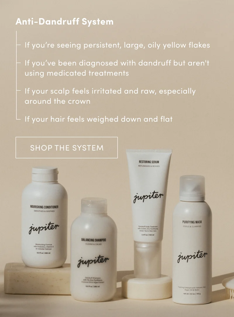 Anti-Dandruff System | If you’re seeing persistent, large, oily yellow flakes | If you’ve been diagnosed with dandruff but aren't using medicated treatments | If your scalp feels irritated and raw, especially around the crown | If your hair feels weighed down and flat | Shop the system