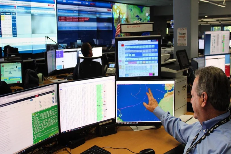 A Duty Director at Delta's Operations & Customer Center sits in front of screens.