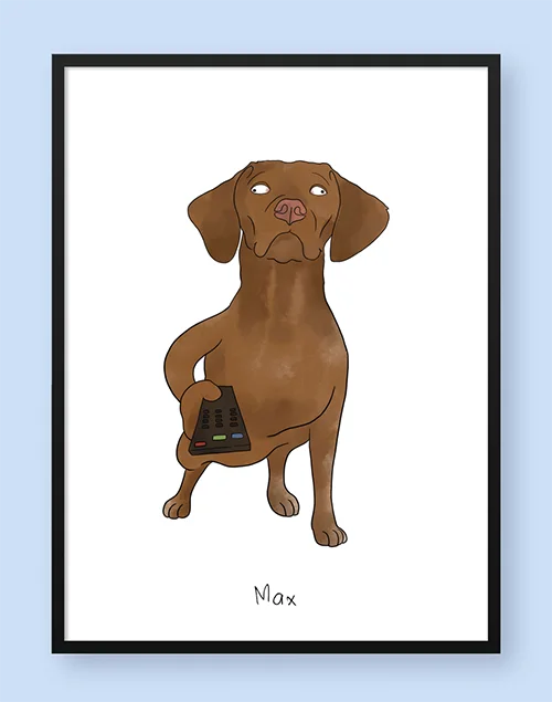 Funny illustration of a dog holding a TV remote