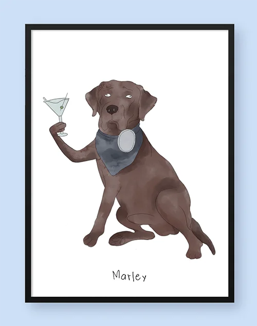 Funny illustration of a dog holding a martini glass