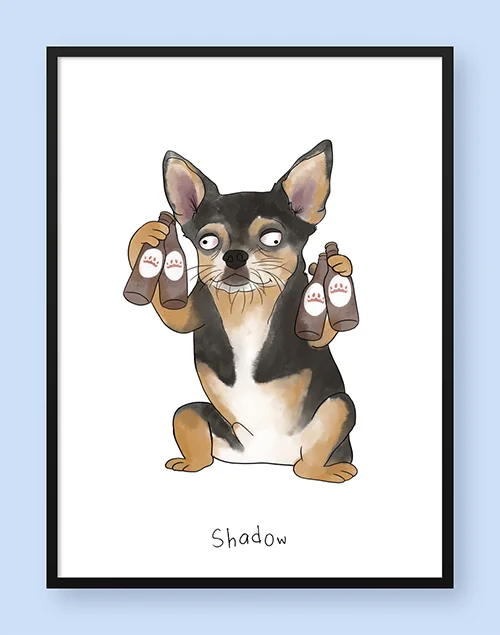 Funny illustration of a dog holding four beer bottles
