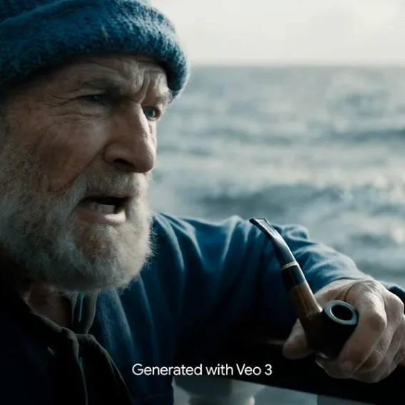 an image generated by Veo 3 of a man smoking a pipe wearing a sailor's skull cap on the ocean