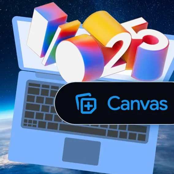 an illustration of a laptop computer and the characters 'I/O 25' with the phrase 'Canvas'