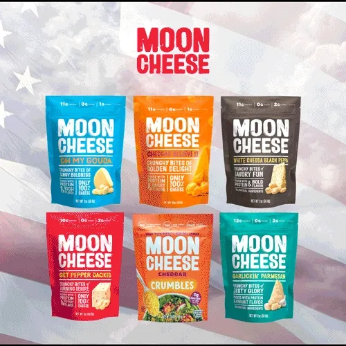 Moon Cheese packages on waving US flag gif
