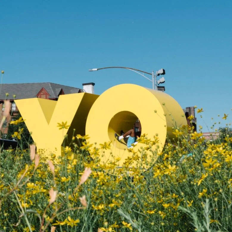 A yellow artwork reading “YO” amid yellow flowers