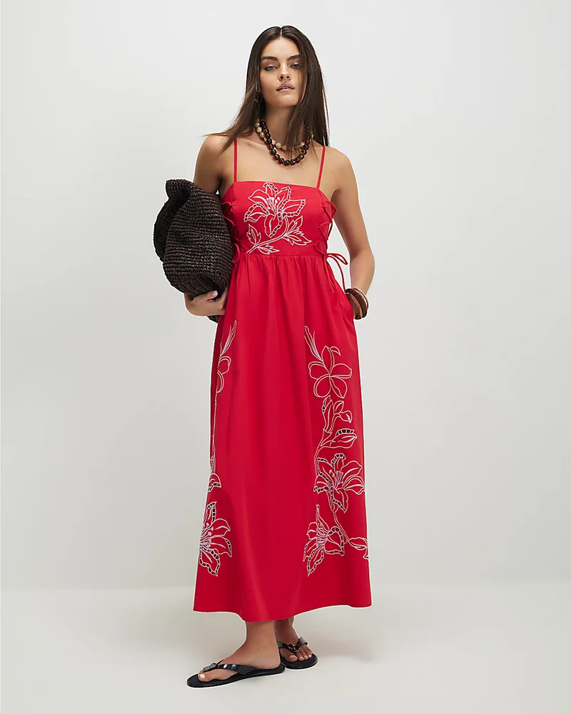 Womens Red Broderie Tie Side Midi Dress