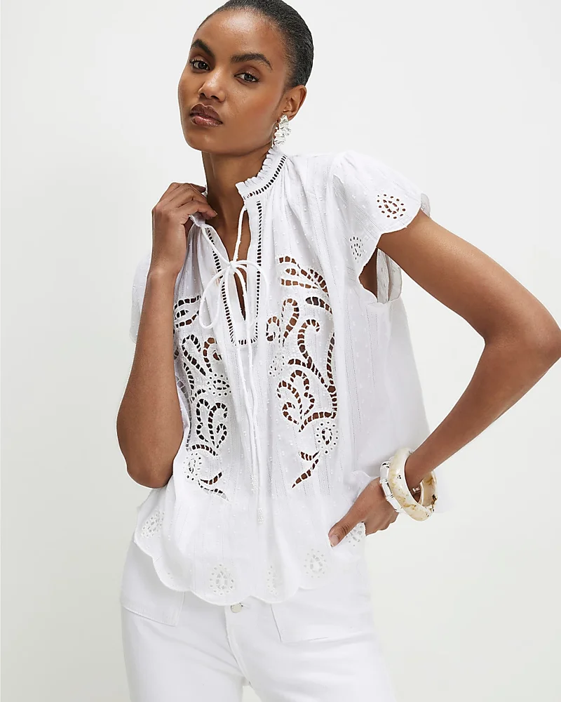 Womens White Broderie Tie Neck Blouse