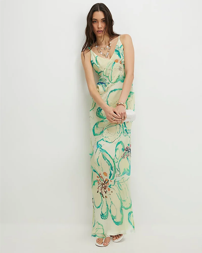 Womens Green Floral Print Embellished Slip Dress