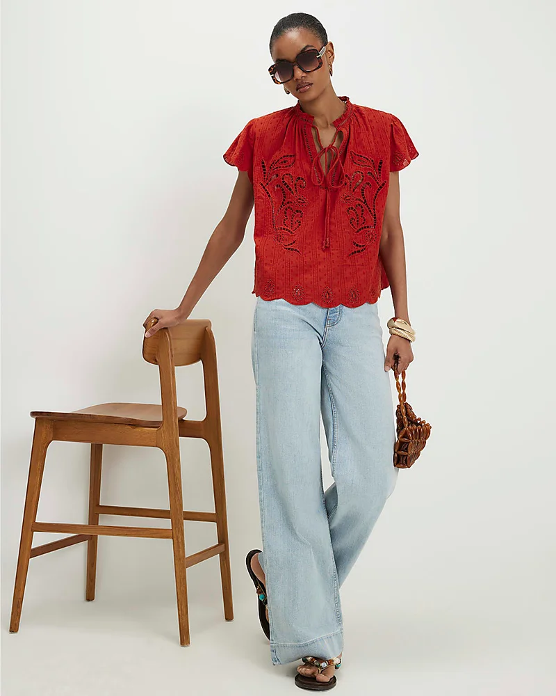 Womens Orange Broderie Tie Neck Blouse