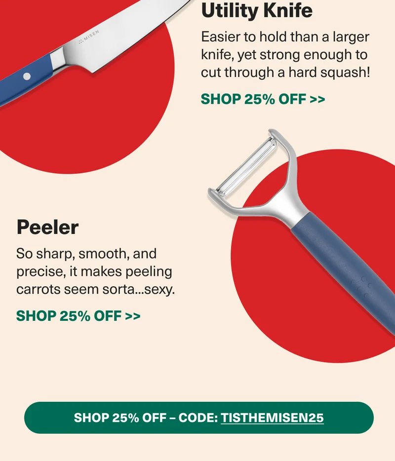 Every cook needs a great all-purpose knife. And don't forget the sturdy peeler! 25% off with code: discount code