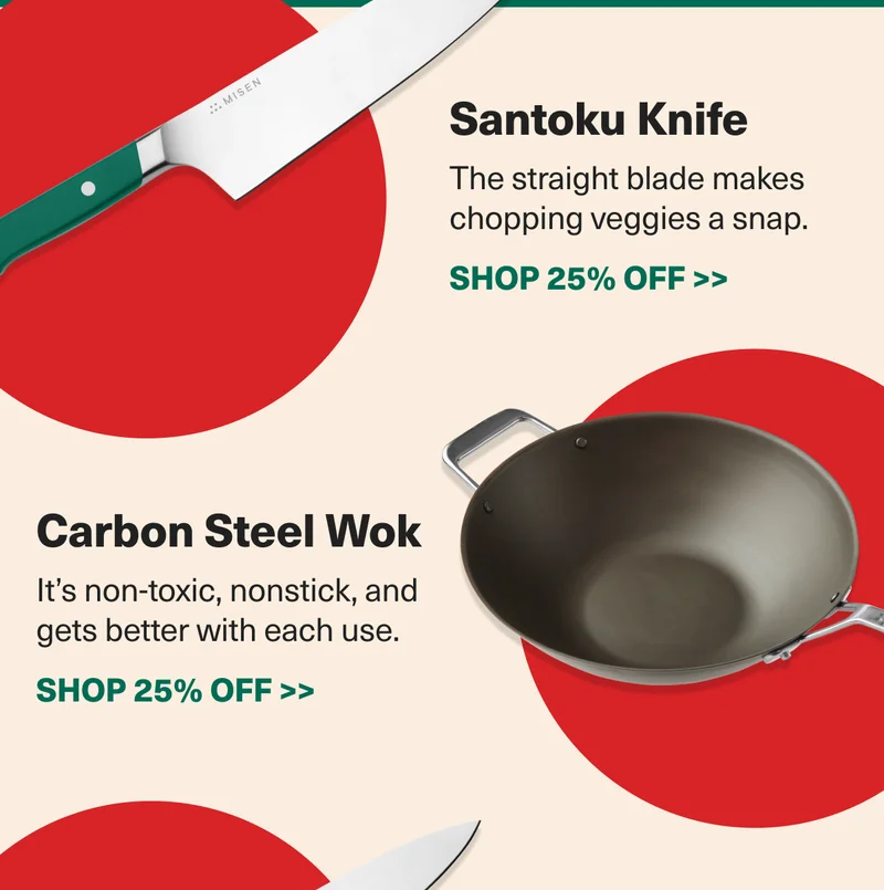 Santoku Knife + Carbon Steel Wok are both 25% off!