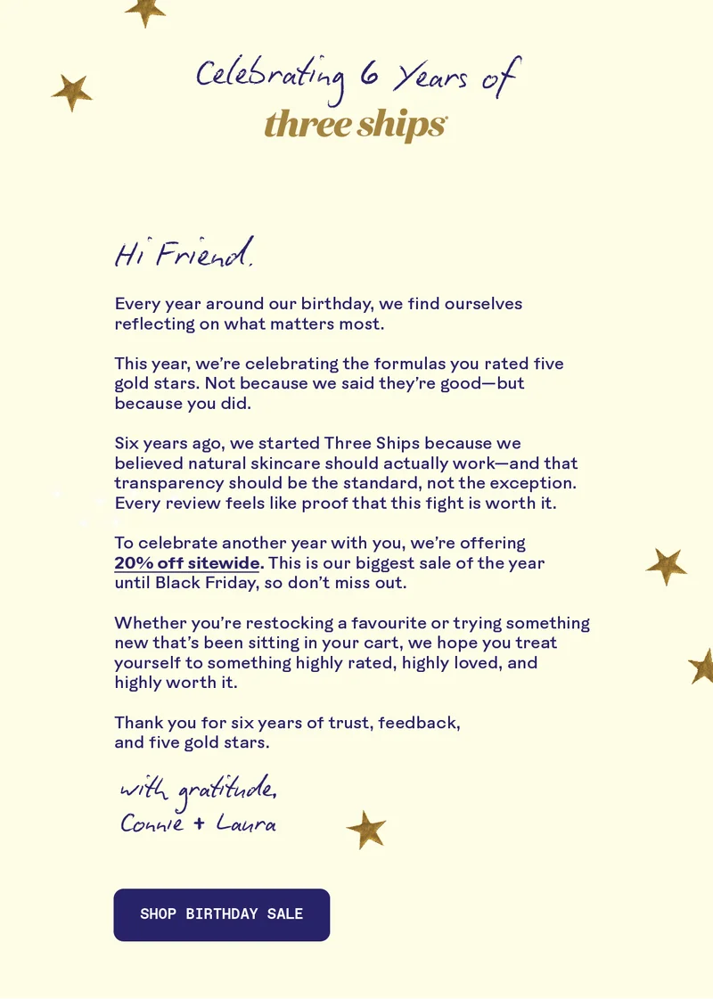 Celebrating 6 Years of Three Ships. Shop Birthday Sale.