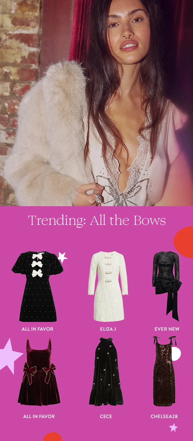 A woman wearing a party dress with a bow embellishment and a faux-fur coat. Six party dresses with bow details.