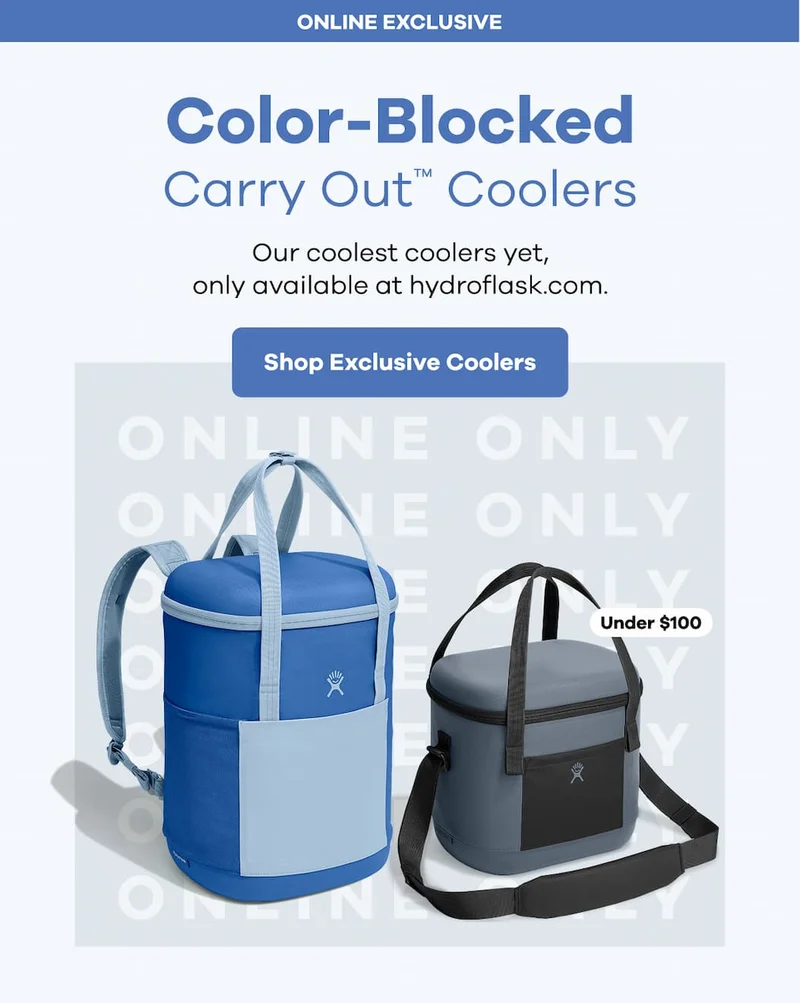 ONLINE EXCLUSIVE Color-Blocked. Carry Out™ Coolers. Our coolest coolers yet, only available at hydroflask.com | Shop Exclusive Coolers