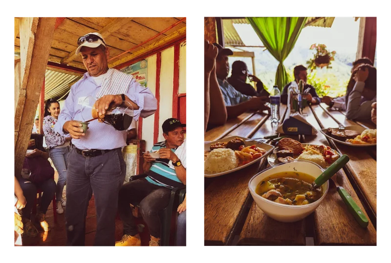 Left: Reniel Perez pours freshly brewed coffee from a glass Chemex into a small cup while others gather on a patio. Right: A shared meal at El Jordan with plates of rice, vegetables, and soup on a wooden table as people sit together in the background.