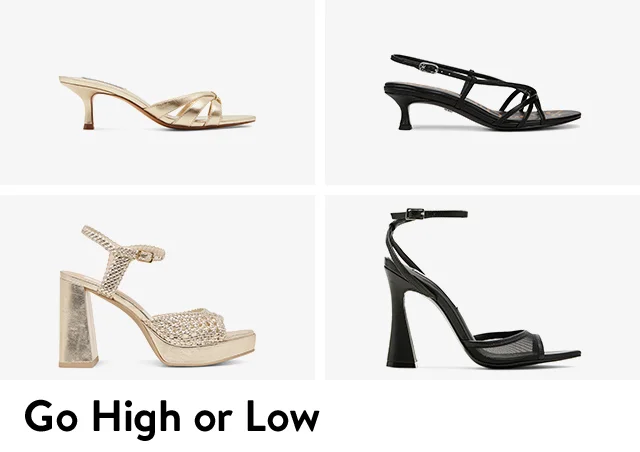 Gold and black sandals in a variety of heel heights.