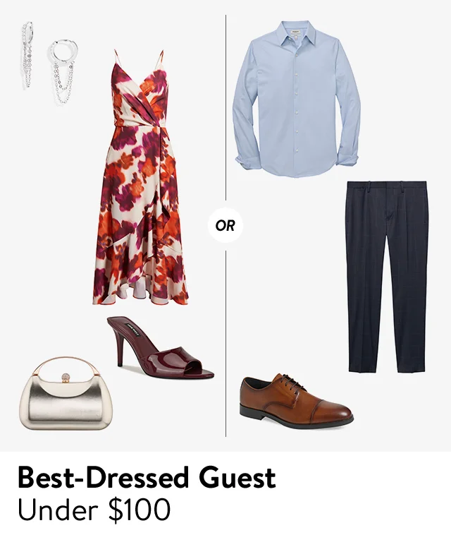 A women's abstract-print dress, earrings, silver handbag and maroon heel; a men's button-up shirt, dress pants and dress shoes.