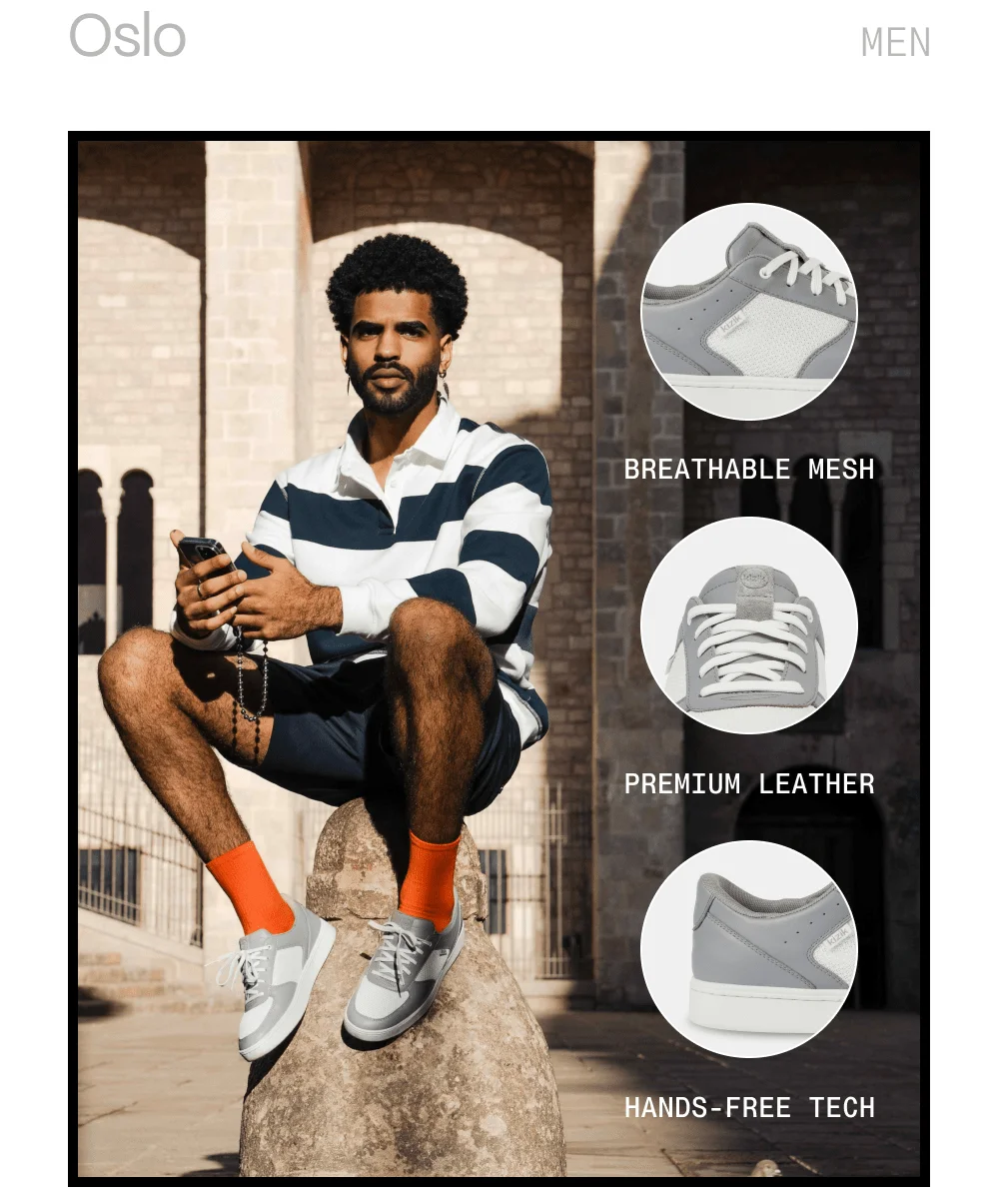 Oslo. Breathable mesh. Premium leather. Hands-free tech.