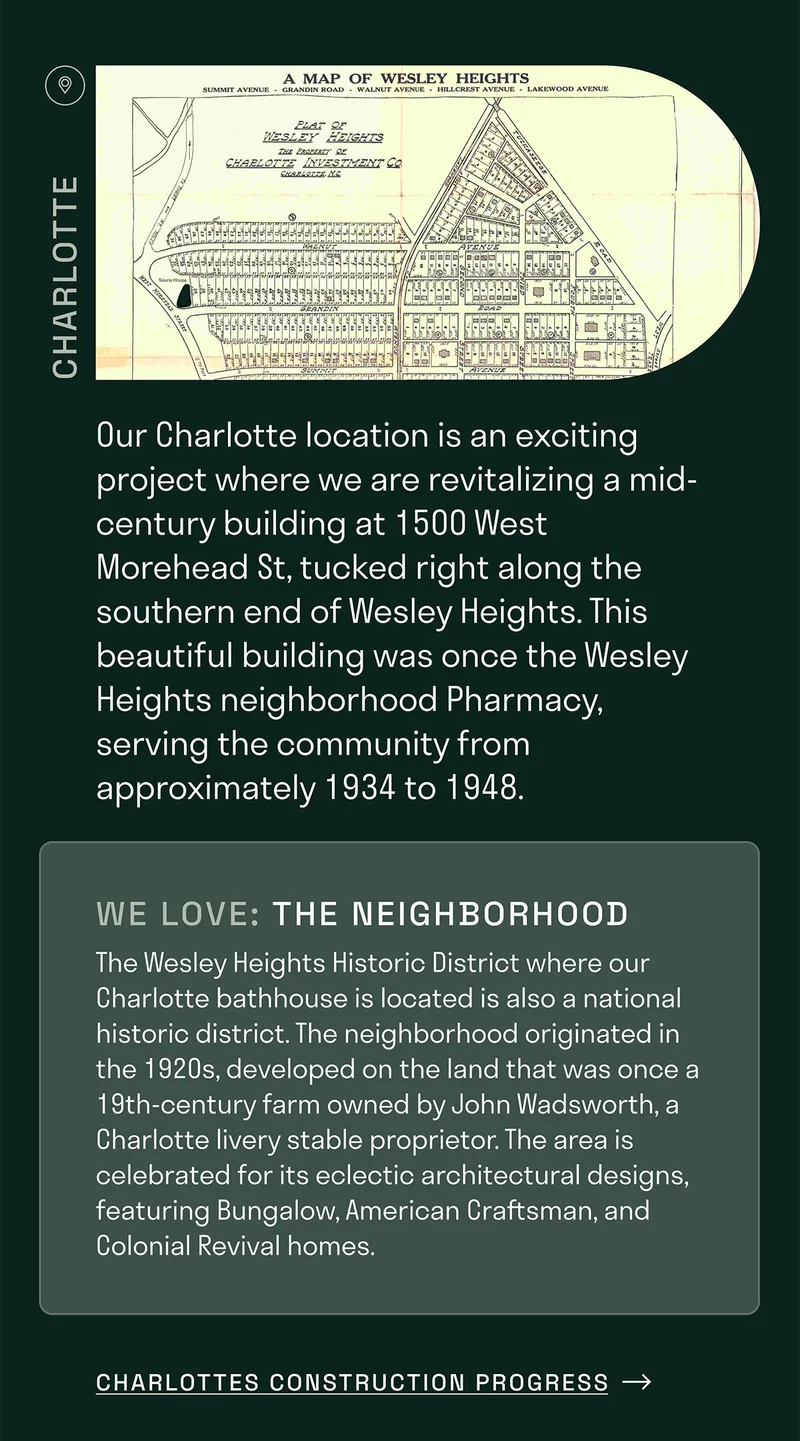 Our Charlotte location is an exciting project where we are revitalizing a mid-century building at 1500 West Morehead St, tucked right along the southern end of Wesley Heights. This beautiful building was once the Wesley Heights neighborhood Pharmacy, serving the community from approximately 1934 to 1948.