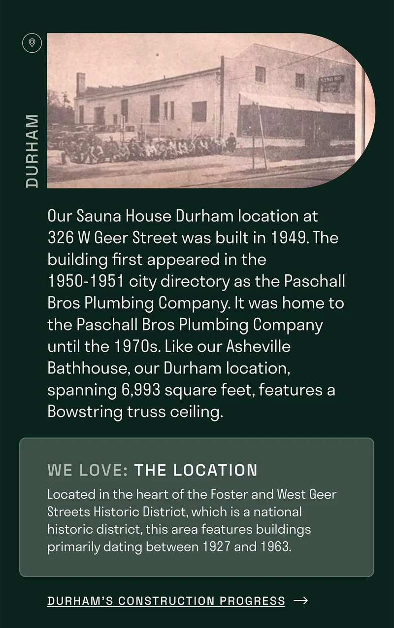 Our Sauna House Durham location at 326 W Geer Street was built in 1949. The building first appeared in the 1950-1951 city directory as the Paschall Bros Plumbing Company. It was home to the Paschall Bros Plumbing Company until the 1970s. Like our Asheville Bathhouse, our Durham location, spanning 6,993 square feet, features a Bowstring truss ceiling.