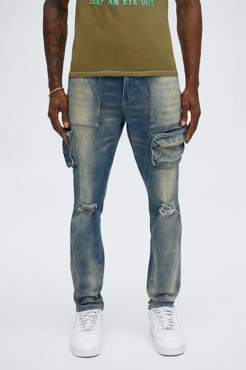 Image of Skinny Raid Distressed Cargo Jeans - Vintage Blue Wash