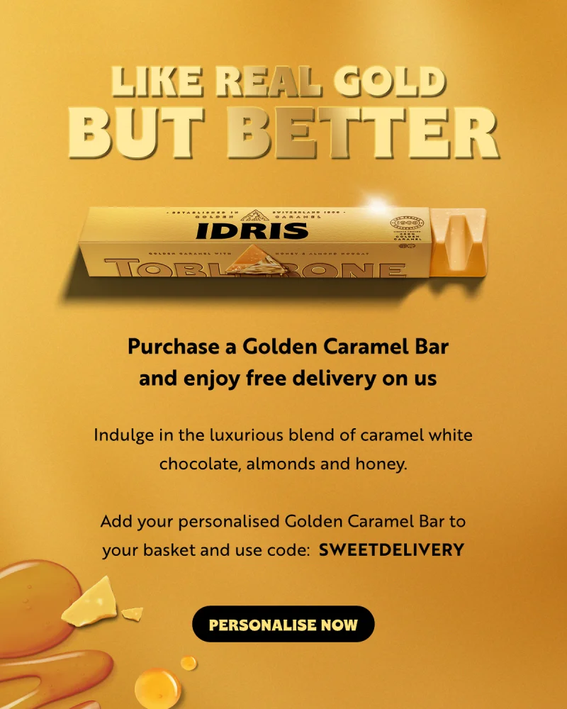 Purchase a GOlden Caramel Bar and enjoy free delivery on us. ndulge in the luxurious blend of caramel white chocolate, almonds and honey.  Add your personalised Golden Caramel Bar to your basket and use code:  SWEETDELIVERY