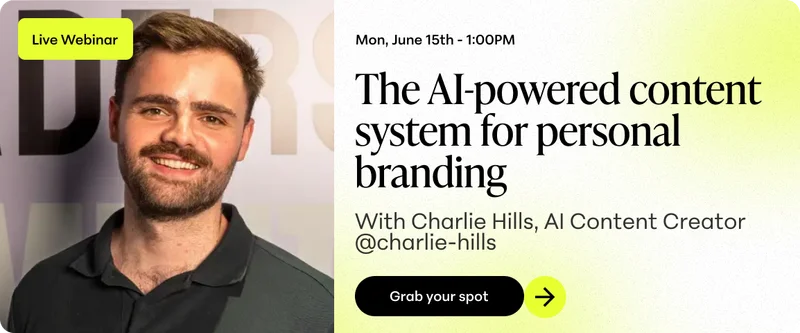 Charlie Hills, AI Content Creator, smiling next to an announcement for a live webinar on AI-powered content for personal branding.
