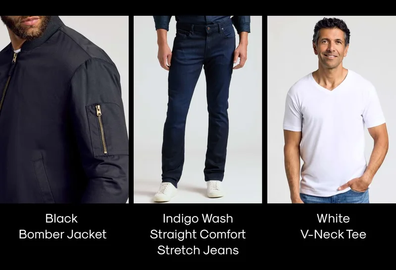 Black Bomber Jacket, Indigo Wash Straight Comfort Stretch Jeans, White V-Neck Tee