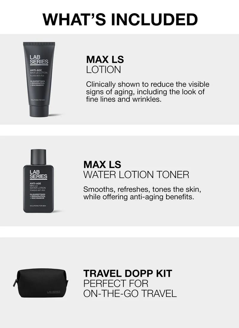 WHATS INCLUDED | MAX LS LOTION | CLINICALLY SHOWN TO REDUCE THE VISIBLE SIGNS OF AGING, INCLUDING THE LOOK OF FINE LINES AND WRINKLES. | MAX LS WATER LOTION TONER | SMOOTHS, REFRESHES, TONES THE SKIN, WHILE OFFERING ANTI-AGING BENEFITS | TRAVEL DOPP KIT | PERFECT FOR ON-THE-GO TRAVEL