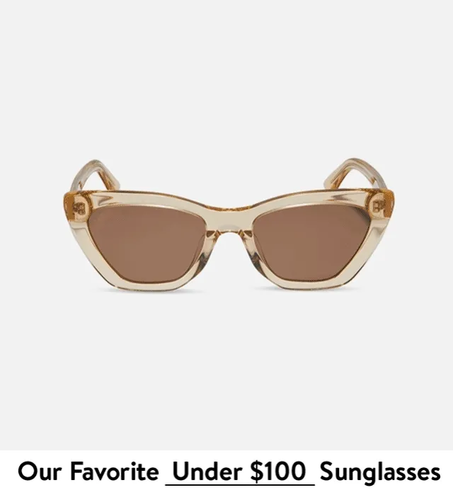 Translucent cat-eye sunglasses, black rectangular sunglasses, black cat-eye sunglasses, pink rectangular sunglasses and translucent square sunglasses.